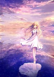 Rule 34 | 1girl, adjusting hair, air bubble, blonde hair, breasts, bubble, cloud, cloudy sky, collarbone, commentary request, dress, floating hair, hair between eyes, highres, long hair, looking at viewer, original, pointy ears, purple eyes, reflection, reflective water, short sleeves, sky, small breasts, smile, solo, sparkle, standing, standing on liquid, tenmaso, wading, water, white dress