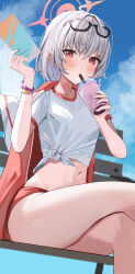 Rule 34 | 1girl, blue archive, blush, drink, drinking, drinking straw, drinking straw in mouth, grey hair, guree (haiiro), gym shirt, hair between eyes, halo, haruna (blue archive), haruna (track) (blue archive), highres, holding, holding drink, jacket, jacket on shoulders, long hair, looking at viewer, navel, official alternate costume, pink halo, red eyes, shirt, short sleeves, sitting, solo, thighs, white shirt