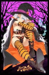 Rule 34 | 1girl, absurdres, blush, cape, elbow gloves, english text, gloves, green eyes, halloween, happoubi jin, happy halloween, hat, high heels, highres, long hair, looking at viewer, magic, original, pointy ears, sitting, solo, striped clothes, striped thighhighs, thighhighs, white hair, witch hat