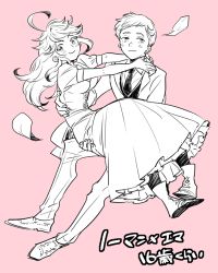 Rule 34 | 1boy, 1girl, aged up, ahoge, boots, breasts, carrying, cleavage, dress, emma (yakusoku no neverland), full body, greyscale, greyscale with colored background, long hair, looking at viewer, monochrome, necktie, ni-si (nisi kun), norman (yakusoku no neverland), pink background, princess carry, simple background, smile, yakusoku no neverland