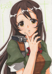 Rule 34 | 10s, 1girl, brown hair, chikuma (kancolle), colored eyelashes, finger to face, hair between eyes, kantai collection, long hair, looking at viewer, manji taba, marker (medium), parted lips, sketch, solo, traditional media, yellow eyes