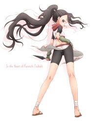 Rule 34 | 1girl, absurdres, ankle wrap, ass, back, bike shorts, black hair, black shorts, brown eyes, copyright name, crop top, fingerless gloves, floating hair, forehead, from behind, full body, gloves, green gloves, hand on own hip, high ponytail, highres, holding, holding weapon, kakuchi01, kunai, kunoichi tsubaki no mune no uchi, long hair, looking at viewer, looking back, ninja, official art, pelvic curtain, ponytail, profile, red scarf, sandals, scarf, short sleeves, shorts, simple background, smile, solo, standing, tsubaki (kunoichi tsubaki no mune no uchi), very long hair, weapon, white background