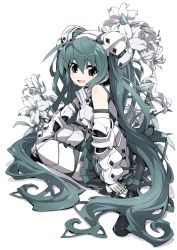 Rule 34 | 1girl, armor, fantasy, female focus, flower, full body, gauntlets, greaves, green eyes, green hair, hatsune miku, highres, long hair, matching hair/eyes, open mouth, plant, simple background, sitting, smile, solo, thighhighs, toujou chika, twintails, very long hair, vocaloid, white background, zettai ryouiki