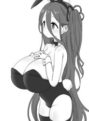 Rule 34 | 1girl, absurdly long hair, alternate breast size, animal ears, aris (blue archive), blue archive, breasts, cleavage, closed mouth, cowboy shot, detached collar, fake animal ears, fake tail, greyscale, groin, halo, highres, huge breasts, long hair, monochrome, nishino hikoji, one side up, rabbit ears, rabbit tail, simple background, solo, tail, thighhighs, very long hair, white background, wrist cuffs