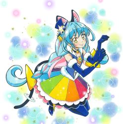 Rule 34 | 1girl, animal ears, blue hair, boots, braid, cat ears, cat tail, elbow gloves, gloves, highres, marker (medium), multicolored hair, pink hair, precure, star twinkle precure, tail, thigh boots, thighhighs, traditional media, user awss4727, yellow eyes, yuni (precure)