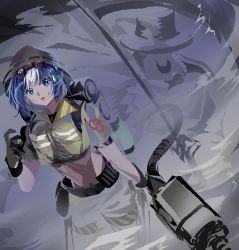 Rule 34 | 1girl, absurdres, arknights, blue eyes, blue hair, crop top, eyewear on head, feimao (angelcat), glaucus (arknights), glaucus (exterminator in the square) (arknights), gloves, highres, holding, holding weapon, hood, hood up, multicolored hair, official alternate costume, parted lips, short sleeves, solo, streaked hair, sweatdrop, weapon
