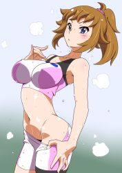 Rule 34 | 10s, 1girl, absurdres, bare shoulders, bike shorts, blue eyes, breasts, brown hair, clothes pull, covered erect nipples, date naoto, groin, gundam, gundam build fighters, gundam build fighters try, highres, hoshino fumina, large breasts, navel, pulled by self, short hair, shorts, shorts pull, simple background, solo, sports bra, sweat, two-tone sports bra