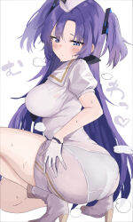 Rule 34 | 1girl, ass, black necktie, blue archive, blue eyes, blush, boots, bra, breasts, dress, embarrassed, garrison cap, gloves, hat, highres, large breasts, long hair, necktie, official alternate costume, panties, purple hair, sailor collar, see-through, see-through dress, simple background, solo, squatting, tsumayouji (tumayog), two side up, underwear, utnapishtim operator uniform (blue archive), white background, white bra, white dress, white footwear, white gloves, white hat, white panties, yuuka (blue archive)