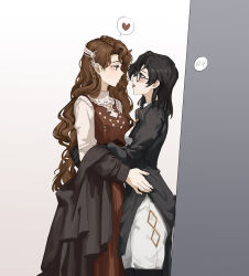 Rule 34 | 2girls, absurdres, after kiss, black coat, black gloves, black hair, blush, brown hair, coat, coat partially removed, collared shirt, dress, eye contact, face-to-face, glasses, gloves, hands on another&#039;s hips, hands on another&#039;s waist, heart, highres, hug, long hair, looking at another, medium hair, multiple girls, off shoulder, open mouth, pale laomo, reverse:1999, saliva, saliva trail, shirt, spoken blush, spoken heart, tongue, tongue out, tooth fairy (reverse:1999), very long hair, white dress, yuri, z (reverse:1999)