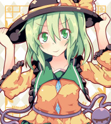 Rule 34 | 1girl, argyle, argyle background, argyle clothes, bow, collarbone, green eyes, green hair, hands on headwear, hat, hat bow, kan lee, komeiji koishi, long sleeves, looking at viewer, matching hair/eyes, shirt, smile, solo, third eye, touhou, upper body