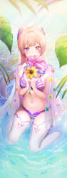 Rule 34 | 1girl, absurdres, bikini, blue flower, blue gemstone, blush, bouquet, breasts, cheosnuni, commentary, flower, gem, genshin impact, green flower, hair ornament, highres, holding, holding bouquet, leaf, long hair, looking at viewer, navel, open mouth, outdoors, pink flower, pink hair, purple bikini, purple eyes, purple flower, purple thighhighs, sangonomiya kokomi, sitting, small breasts, smile, solo, swimsuit, teeth, thighhighs, very long hair, wariza, water, wet, yellow flower