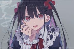 Rule 34 | 1girl, between fingers, black hair, cigarette, fang, gothic lolita, grey background, highres, holding, holding cigarette, i7, lolita fashion, maid, multicolored hair, original, red eyes, red ribbon, ribbon, smoking, tobacco, two-tone hair, two side up