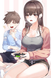 Rule 34 | 1boy, 1girl, black shorts, blue shirt, blue shorts, blush, bra strap, breasts, brother and sister, brown eyes, brown hair, camisole, cleavage, closed eyes, collarbone, commentary request, controller, crying, crying with eyes open, flying sweatdrops, full body, grey camisole, hair between eyes, hair intakes, hair ornament, hair scrunchie, highres, holding, holding controller, indian style, jacket, kfr, large breasts, laughing, long hair, long sleeves, notice lines, open clothes, open jacket, original, playing games, playstation controller, red jacket, scrunchie, seiza, shirt, short hair, short shorts, shorts, siblings, sidelocks, sitting, socks, striped, striped background, tears, thighs, wavy mouth, white footwear