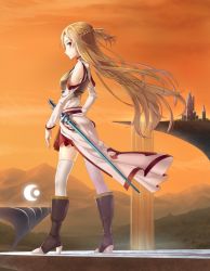 Rule 34 | 10s, 1girl, armor, asuna (sao), bare shoulders, boots, brown eyes, brown hair, full body, gradient background, long hair, looking at viewer, mountain, sky, solo, standing, sword, sword art online, tree, weapon