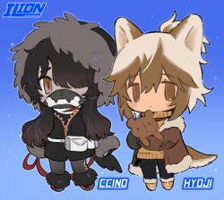 Rule 34 | 1boy, 1girl, :&lt;, animal ears, black coat, black footwear, black pants, black shorts, blue background, borrowed character, brown coat, brown eyes, brown hair, chibi, chibi only, closed mouth, coat, colored tips, commentary, dog boy, dog ears, dog girl, dog tail, english commentary, full body, fur-trimmed footwear, fur-trimmed hood, fur-trimmed jacket, fur-trimmed sleeves, fur collar, fur trim, gradient background, hair over one eye, hands up, holding, holding leash, holding stuffed toy, hood, hood up, jacket, lapithai, leash, long hair, long sleeves, looking at viewer, mask, medium hair, mouth mask, multicolored hair, no sclera, original, pants, shorts, sidelocks, snow, standing, stuffed animal, stuffed toy, sweater, tail, teddy bear, yellow footwear, yellow sweater