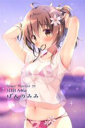 Rule 34 | 1girl, ahoge, armpits, arms up, bikini, bikini under clothes, blurry, blush, bokeh, breasts, brown eyes, brown hair, circle name, comiket 94, commentary request, depth of field, flower, hair flower, hair ornament, hair tie, hair tie in mouth, halterneck, looking at viewer, medium breasts, mouth hold, multi-strapped bikini, navel, no pants, original, pan (mimi), ponytail, red bikini, see-through, shirt, short sleeves, solo, sparkle, sweat, swimsuit, tying hair, white flower