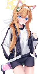 Rule 34 | 1girl, animal ears, blue archive, blue eyes, blush, cat ears, halo, looking at viewer, mari (blue archive), nosuke tmg, orange hair, shirt, shorts, simple background, solo, t-shirt, twitter, white background