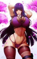 Rule 34 | 1girl, alternate costume, arms behind head, arms up, artstation username, backlighting, bikini, black thighhighs, blunt bangs, blurry, blurry foreground, breasts, bursting breasts, byakugan, cherry blossoms, cleavage, contrapposto, cowboy shot, crop top, curvy, deep skin, eyelashes, falling petals, female focus, fishnet top, fishnets, floating hair, forehead protector, gluteal fold, highres, huge breasts, hyuuga hinata, konohagakure symbol, leg wrap, legs apart, long hair, looking at viewer, midriff, narrow waist, naruto, naruto (series), navel, o-ring, o-ring bikini, o-ring bottom, o-ring top, parted lips, petals, pouch, purple bikini, purple eyes, purple hair, revealing clothes, short sleeves, skindentation, slivokuch, smile, solo, stomach, swimsuit, thigh gap, thigh pouch, thigh strap, thighhighs, thighs, tree, very long hair, white eyes, wide hips