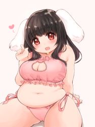 Rule 34 | 1girl, :d, animal ears, bad id, bad pixiv id, bare shoulders, bell, belly, black hair, blush, breasts, rabbit ears, cameltoe, cat cutout, cat ear panties, cat lingerie, cleavage, cleavage cutout, clothing cutout, fat, fat rolls, heart, highres, jingle bell, large breasts, long hair, looking at viewer, meme attire, munimuni kinoko, navel, open mouth, original, panties, plump, puuchi (munimuni kinoko), red eyes, side-tie panties, sitting, smile, solo, thick thighs, thighs, underwear