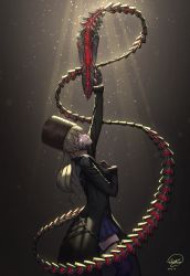 Rule 34 | 1girl, andonoz, blonde hair, blood, bloody weapon, blue eyes, bustier, code vein, dated, fur hat, gloves, hand on own chest, hat, long coat, long hair, looking at viewer, mia karnstein, papakha, pleated skirt, prehensile tail, profile, signature, skirt, smile, solo, standing, tail, thighhighs, weapon