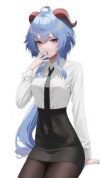 Rule 34 | 1girl, absurdres, ahoge, black necktie, blue hair, breasts, cigarette, collared shirt, ganyu (genshin impact), genshin impact, high-waist skirt, highres, horns, invisible chair, leavv, long hair, long sleeves, looking at viewer, medium breasts, narrow waist, necktie, office lady, pantyhose, pencil skirt, purple eyes, shirt, shirt tucked in, sidelocks, simple background, sitting, skirt, smoking, solo, white background, white shirt