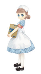 Rule 34 | 1girl, armband, blue eyes, blush, box, brown hair, cardboard box, double bun, dress, full body, hair bun, holding, looking at viewer, mary janes, nurse, original, pantyhose, shoes, simple background, smile, solo, striped clothes, striped dress, takanashi, white background, white pantyhose