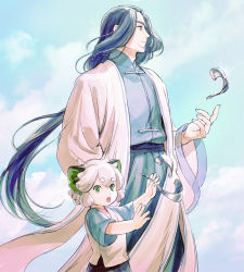 Rule 34 | 2boys, animal ears, black hair, cat boy, cat ears, chinese clothes, cloud, hands up, highres, long hair, long sleeves, luo xiaohei, luo xiaohei (human), luo xiaohei zhanji, micho, multiple boys, profile, short hair, short sleeves, upper body, very long hair, white hair, wide sleeves, wuxian (the legend of luoxiaohei)