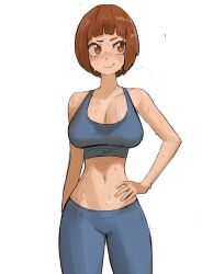 Rule 34 | 1girl, absurdres, blunt bangs, blush, breasts, brown eyes, brown hair, cleavage, closed mouth, collarbone, grey pants, grey sports bra, hand on own hip, highres, kill la kill, large breasts, mankanshoku mako, navel, pants, short hair, simple background, solo, sports bra, sweat, sweaty clothes, tefi blum, white background, yoga pants
