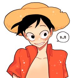 Rule 34 | 1boy, hat, jeremy (artist), male focus, monkey d. luffy, one piece, open clothes, open shirt, red shirt, shirt, short sleeves, simple background, smile, solo, straw hat