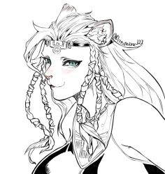 Rule 34 | 1girl, animal ear fluff, animal ears, bare shoulders, blue eyes, braid, breasts, circlet, dittomaru333, final fantasy, final fantasy xiv, furry, furry female, highres, hrothgar, jewelry, large breasts, lion ears, lion girl, multiple braids, necklace, simple background, smile, solo, spot color, twitter username, upper body, white background, wuk lamat