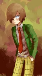 Rule 34 | 1boy, aoyagi hajime, artist name, blush, brown background, brown eyes, brown hair, closed mouth, dated, expressionless, green jacket, hair over one eye, hands in pockets, hatomura miri, highres, jacket, long sleeves, male focus, matching hair/eyes, necktie, pants, red necktie, school uniform, shirt, short hair, signature, simple background, solo, standing, white shirt, yellow pants, yowamushi pedal