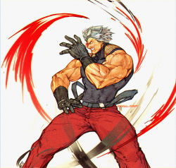 Rule 34 | abs, absurdres, biceps, facial hair, fighting stance, from side, gloves, glowing, glowing eye, grey hair, highres, large pectorals, male focus, mature male, muscular, muscular male, mustache, omega rugal, pants, pectorals, red pants, rugal bernstein, setsuna kasugano, skin tight, snk, solo, suspenders, the king of fighters, the king of fighters xv