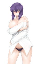 Rule 34 | 1girl, blush, breast hold, breasts, clothes pull, covering privates, covering breasts, dress shirt, ghost in the shell, highres, huge breasts, kusanagi motoko, lace, lace-trimmed panties, lace trim, libre, naked shirt, no pants, panties, purple hair, red eyes, shirt, shirt pull, simple background, skindentation, solo, thighs, underwear, white background, white shirt