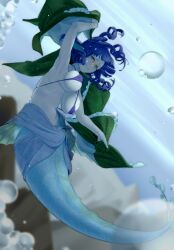 Rule 34 | 1girl, absurdres, air bubble, blue hair, blue tail, bubble, unworn clothes, green eyes, green kimono, hi you (flying bear), highres, in water, japanese clothes, kimono, long hair, mermaid, monster girl, navel, solo, touhou, underwater, wakasagihime