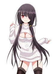 Rule 34 | 10s, 1girl, artist name, black hair, black thighhighs, blush, breasts, cleavage, cleavage cutout, clothing cutout, contrapposto, date a live, dress, female focus, garter straps, hair over one eye, kurenai no shizuku, light smile, long hair, looking at viewer, medium breasts, meme attire, open-chest sweater, red eyes, ribbed sweater, simple background, sleeves past wrists, smile, solo, standing, sweater, sweater dress, thighhighs, tokisaki kurumi, translation request, turtleneck, twintails, very long hair, white background