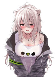 Rule 34 | 1girl, absurdres, ahoge, animal ears, black eyes, blush, breasts, camouflage, camouflage jacket, cleavage, commentary, ear piercing, empty eyes, fangs, grey hair, grey jacket, hair between eyes, highres, hololive, jacket, jewelry, large breasts, lion ears, lion girl, long hair, looking at viewer, necklace, nerorigogo, off shoulder, official alternate costume, open clothes, open jacket, open mouth, piercing, shaded face, shirt, shishiro botan, shishiro botan (casual), sidelocks, simple background, single bare shoulder, solo, ssrb (shishiro botan), t-shirt, upper body, virtual youtuber, white background, white shirt