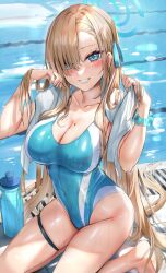 Rule 34 | 1girl, aqua one-piece swimsuit, aqua ribbon, asuna (blue archive), barefoot, blonde hair, blue archive, blue eyes, blush, bottle, breasts, cleavage, collarbone, commentary, competition swimsuit, covered navel, hair ornament, hair ribbon, halo, hands in hair, hands up, highres, himonoata, large breasts, long hair, looking at viewer, mole, mole on breast, one-piece swimsuit, parted lips, pool, ribbon, smile, swimsuit, teeth, thigh strap, thighs, water, wet