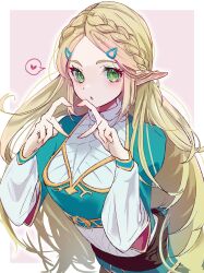 Rule 34 | 1girl, absurdres, blonde hair, blue shirt, blush, braid, commentary, crown braid, forehead, green eyes, hair ornament, hairclip, heart, heart hands, highres, long hair, long sleeves, looking at viewer, mozmozmoz, nintendo, pointy ears, princess zelda, shirt, solo, symbol-only commentary, the legend of zelda, the legend of zelda: breath of the wild, two-tone shirt, very long hair, white shirt