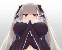 Rule 34 | 1girl, azur lane, black dress, blush, breasts, bushinofuji, clothes in mouth, dress, dress in mouth, formidable (azur lane), frilled dress, frills, from below, grey hair, hair ribbon, highres, large breasts, lifted by self, long hair, long sleeves, looking at viewer, mouth hold, red eyes, ribbon, solo, twintails, upper body, very long hair