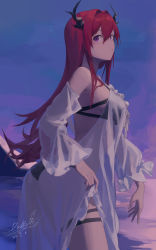Rule 34 | 1girl, absurdres, arknights, bare shoulders, bikini, black bikini, breasts, closed mouth, cowboy shot, detached sleeves, evening, from side, highres, horns, large breasts, long hair, long sleeves, looking at viewer, looking to the side, official alternate costume, purple eyes, red hair, see-through, sideboob, signature, smile, solo, sunlight, surtr (arknights), surtr (colorful wonderland) (arknights), swimsuit, swimsuit cover-up, thigh strap, very long hair, zhihuigugudegezi