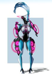 Rule 34 | bioluminescence, clenched hand, glowing, highres, humanoid robot, lewdreaper, looking to the side, octavia (warframe), robot, simple background, warframe