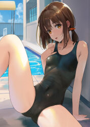 Rule 34 | 1girl, arm support, black one-piece swimsuit, blush, breasts, brown hair, carrot hair ornament, commentary request, covered navel, food-themed hair ornament, hair ornament, hand on own chest, looking at viewer, medium hair, one-piece swimsuit, orange eyes, original, outdoors, paid reward available, parted lips, pool, poolside, sitting, small breasts, solo, spread legs, sunlight, swimsuit, water, wet, yoropa