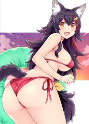 Rule 34 | 1girl, :d, amane hasuhito, animal ear fluff, animal ears, ass, bare shoulders, bikini, black hair, blush, breasts, fang, from behind, hair between eyes, highres, hololive, hololive gamers, innertube, long hair, looking at viewer, looking back, multicolored hair, non-web source, ookami mio, open mouth, red bikini, side-tie bikini bottom, sideboob, sidelocks, skin fang, smile, solo, streaked hair, swim ring, swimsuit, tail, thighs, thong, underboob, very long hair, virtual youtuber, wolf ears, wolf girl, wolf tail, yellow eyes