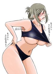 Rule 34 | 1girl, adjusting bra, adjusting clothes, adjusting panties, black bra, black panties, blush, bra, breasts, chiba shuusaku, commentary request, cowboy shot, folded ponytail, glasses, kantai collection, katori (kancolle), large breasts, leaning forward, looking at viewer, motion lines, navel, panties, short hair, sidelocks, simple background, solo, standing, sweatdrop, translated, twitter username, underboob, underwear, underwear only, white background