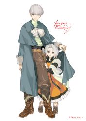 Rule 34 | 1boy, 1girl, billy lee black, boots, brother and sister, brown eyes, closed mouth, dress, full body, highres, kato sayaka, looking at viewer, primera black, short hair, siblings, simple background, smile, white background, white hair, xenogears