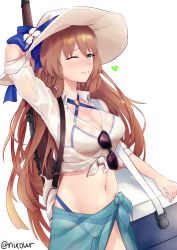 Rule 34 | 1girl, absurdres, bikini, blush, bolt action, breasts, brown hair, cleavage, collared shirt, cooler, unworn eyewear, girls&#039; frontline, green eyes, gun, hair between eyes, hand on headwear, hat, heart, highres, large breasts, long hair, looking at viewer, m1903 springfield, navel, nixour, official alternate costume, one eye closed, over shoulder, parted lips, ribbon, rifle, sarong, see-through, shirt, sidelocks, simple background, sleeves rolled up, smile, solo, springfield (girls&#039; frontline), springfield (stirring mermaid) (girls&#039; frontline), stomach, strap, sun hat, sunglasses, swimsuit, tied shirt, twitter username, water drop, weapon, weapon over shoulder, wet, wet clothes, white background, white bikini