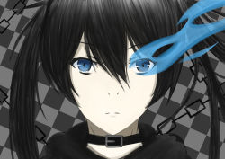 Rule 34 | 10s, 1girl, black hair, black rock shooter, black rock shooter (character), blue eyes, chain, checkered background, collar, flaming eyes, highres, isane, long hair, looking at viewer, solo