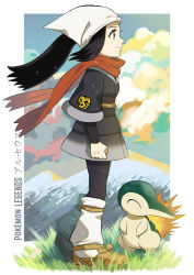 Rule 34 | 1girl, absurdres, akari (pokemon), black hair, clenched hand, closed mouth, cloud, commentary request, copyright name, creatures (company), cyndaquil, day, eyelashes, floating hair, floating scarf, from side, game freak, gen 2 pokemon, grass, grey eyes, highres, huge filesize, loose socks, mountain, nintendo, outdoors, pokemon, pokemon (creature), pokemon legends: arceus, sash, scarf, sidelocks, sky, smile, socks, standing, touyama sairi