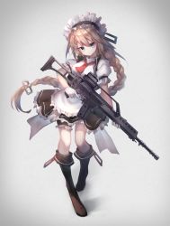 Rule 34 | 1girl, apron, assault rifle, blonde hair, blue eyes, boots, braid, braided bangs, braided ponytail, commentary, commentary request, full body, g36 (girls&#039; frontline), girls&#039; frontline, gloves, gun, h&amp;k g36, highres, long hair, looking at viewer, magazine (weapon), maid, maid apron, maid headdress, nogi lief, rifle, scope, skirt, solo, trigger discipline, very long hair, vest, weapon
