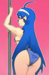 Rule 34 | 1girl, ahoge, ass, bare shoulders, bikini, blue hair, breasts, from behind, hairband, highres, large breasts, leaning, leaning forward, long hair, looking at viewer, looking back, momopate, orie ballardiae harada, pole, pole dancing, shiny skin, sideboob, smile, solo, swimsuit, under night in-birth, very long hair